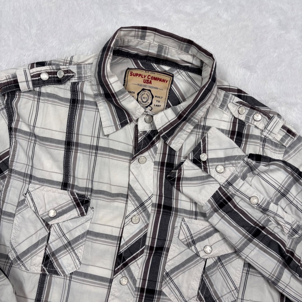 Western Button Shirt Men S White Black Plaid Pearl Snap Rodeo Cowboy Military - Picture 9 of 14